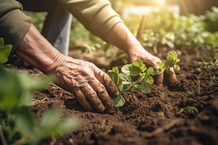 Planting vegetable seedlings in chernozem, a type of farmer growing seedlings in an open garden. Ecological farming, agribusiness and hobbies. farming business. generative aiの素材