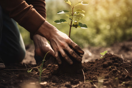 Planting vegetable seedlings in chernozem, a type of farmer growing seedlings in an open garden. Ecological farming, agribusiness and hobbies. farming business. generative aiの素材