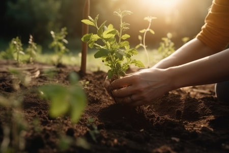 Planting vegetable seedlings in chernozem, a type of farmer growing seedlings in an open garden. Ecological farming, agribusiness and hobbies. farming business. generative aiの素材