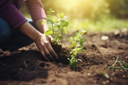 Planting vegetable seedlings in chernozem, a type of farmer growing seedlings in an open garden. Ecological farming, agribusiness and hobbies. farming business. generative aiの素材