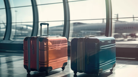 Colored suitcases in the departure hall of the airport, the concept of summer vacation and travel, the travelers suitcase in the waiting area of the airport terminal, the emphasis on suitcases. copy space. generative aiの素材