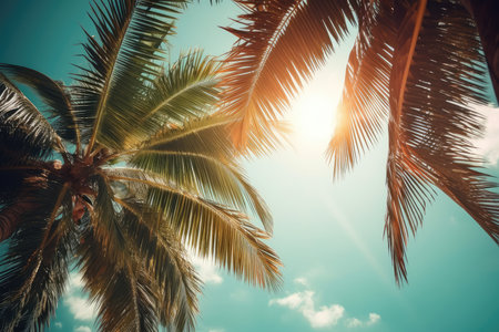 Palm leaves on a transparent background with an empty space for text. tropical background in soft tones. the concept of travel. generative aiの素材