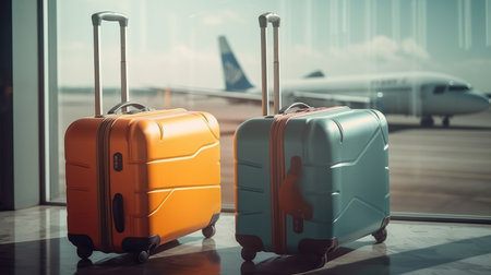 Colored suitcases in the departure hall of the airport, the concept of summer vacation and travel, the travelers suitcase in the waiting area of the airport terminal, the emphasis on suitcases. copy space. generative aiの素材