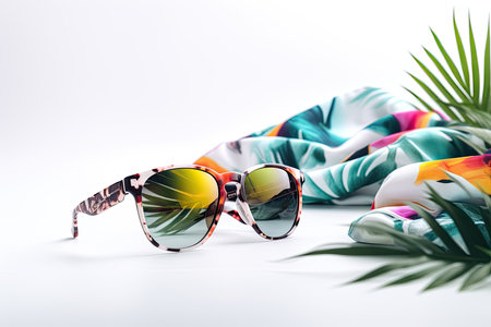 A shirt with a tropical pattern and sunglasses on a white background. the concept of travel. tropical green leaves. copy space. generative aiの素材