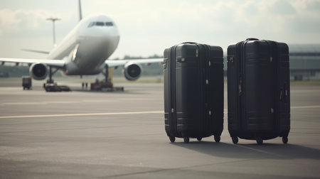Suitcases for travel in the airport waiting room, the concept of summer holidays and travel, a travelers suitcase in the waiting area of the airport terminal, emphasis on suitcases.. copy space. generative aiの素材