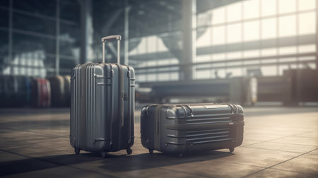 Suitcases for travel in the airport waiting room, the concept of summer holidays and travel, a travelers suitcase in the waiting area of the airport terminal, emphasis on suitcases.. copy space. generative aiの素材