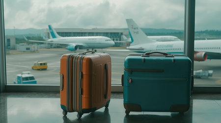 Suitcases for travel in the airport waiting room, the concept of summer holidays and travel, a travelers suitcase in the waiting area of the airport terminal, emphasis on suitcases.. copy space. generative aiの素材