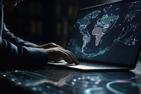 A person is working at a computer. Automated software for efficient management of information files. The concept of Internet technologies. close-up. generative aiの素材
