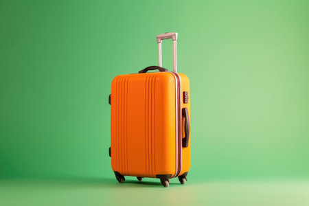 An orange suitcase on a green olive background. the concept of travel. minimalistic style, tourism and recreation. copy space. generative aiの素材