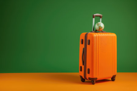 An orange suitcase on a green olive background. the concept of travel. minimalistic style, tourism and recreation. copy space. generative aiの素材