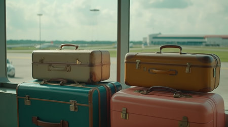Suitcases for travel in the airport waiting room, the concept of summer holidays and travel, a travelers suitcase in the waiting area of the airport terminal, emphasis on suitcases.. copy space. generative aiの素材
