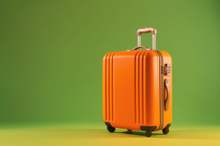 An orange suitcase on a green olive background. the concept of travel. minimalistic style, tourism and recreation. copy space. generative aiの素材