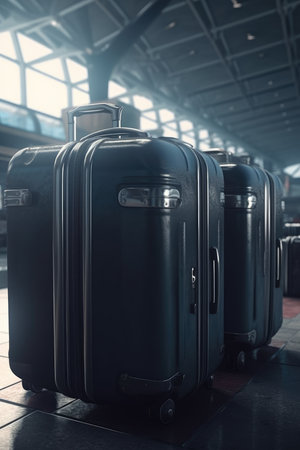 Suitcases for travel in the airport waiting room, the concept of summer holidays and travel, a travelers suitcase in the waiting area of the airport terminal, emphasis on suitcases.. copy space. generative aiの素材