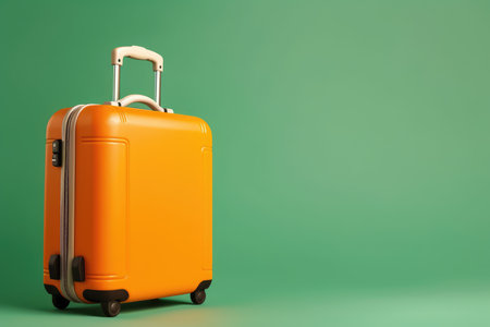 An orange suitcase on a green olive background. the concept of travel. minimalistic style, tourism and recreation. copy space. generative aiの素材
