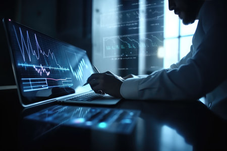 A person is working at a computer. Automated software for efficient management of information files. The concept of Internet technologies. close-up. generative aiの素材