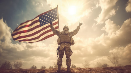 Soldier with american flag in the desert. 3d renderingの素材