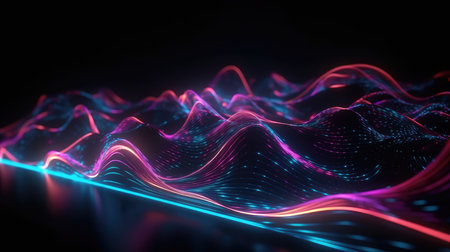 neon color fluctuation. A series of optical streams. The interaction of color lines and light sources highlighted on a black background for technology, design and education. AI Generativeの素材