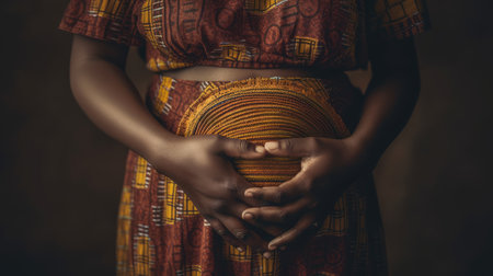 A pregnant dark-skinned woman holds her stomach with two hands. The concept of motherhood. Close-up of a pregnant woman's belly. generative aiの素材