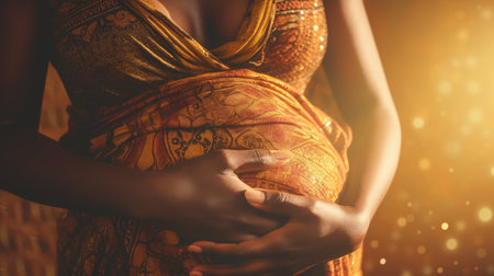 A pregnant dark-skinned woman holds her stomach with two hands. The concept of motherhood. Close-up of a pregnant woman's belly. generative aiの素材