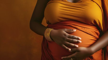 A pregnant dark-skinned woman holds her stomach with two hands. The concept of motherhood. Close-up of a pregnant womans belly. Childbirth. generative aiの素材