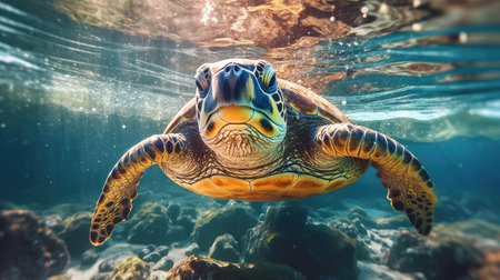 Portrait of a sea turtle swimming underwater in the ocean, underwater world. Generative AIの素材