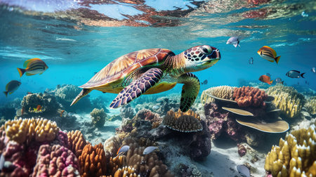 sea turtle with a group of colorful fish and colorful corals underwater in the ocean, underwater world in the ocean. Generative AIの素材