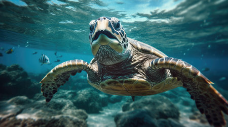 Portrait of a sea turtle swimming underwater in the ocean, underwater world. Generative AIの素材