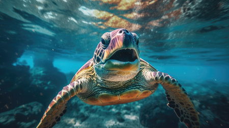 Portrait of a sea turtle swimming underwater in the ocean, underwater world. Generative AIの素材
