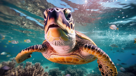 Portrait of a sea turtle swimming underwater in the ocean, underwater world. Generative AIの素材