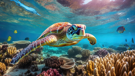 sea turtle with a group of colorful fish and colorful corals underwater in the ocean, underwater world in the ocean. Generative AIの素材