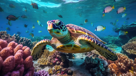 sea turtle with a group of colorful fish and colorful corals underwater in the ocean, underwater world in the ocean. Generative AIの素材
