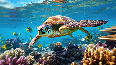 sea turtle with a group of colorful fish and colorful corals underwater in the ocean, underwater world in the ocean. Generative AIの素材