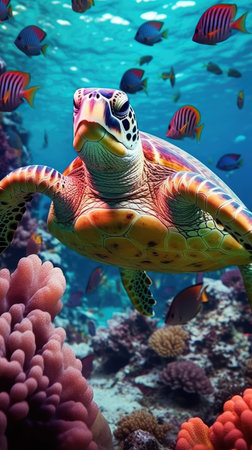 sea turtle with a group of colorful fish and colorful corals underwater in the ocean, underwater world in the ocean. Generative AIの素材