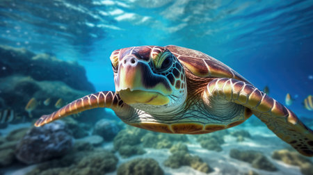 Portrait of a sea turtle swimming underwater in the ocean, underwater world. Generative AIの素材
