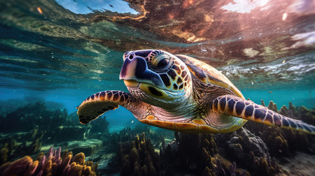 Portrait of a sea turtle swimming underwater in the ocean, underwater world. Generative AIの素材