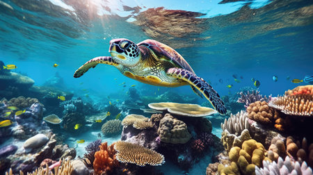 sea turtle with a group of colorful fish and colorful corals underwater in the ocean, underwater world in the ocean. Generative AIの素材