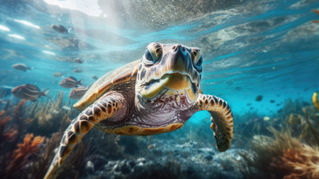 Portrait of a sea turtle swimming underwater in the ocean, underwater world. Generative AIの素材