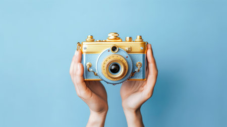 World Photographers Day. Hold the retro camera in your hand on a neutral background. Printing on paper and textiles. Greeting cards for the holiday photos. generative aiの素材