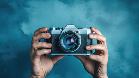 World Photographers Day. Hold the retro camera in your hand on a neutral background. Printing on paper and textiles. Greeting cards for the holiday photos. generative aiの素材