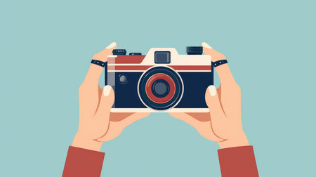 World Photographers Day. Hold the retro camera in your hand on a neutral background. Printing on paper and textiles. Greeting cards for the holiday photos. generative aiの素材