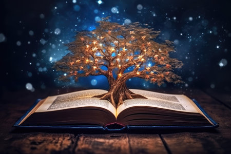 an open book from which the tree of knowledge grows, the concept of the development of the education system, Generative AI.の素材