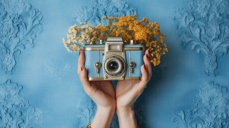 World Photographers Day. Hold the retro camera in your hand on a neutral background. Printing on paper and textiles. Greeting cards for the holiday photos. generative aiの素材
