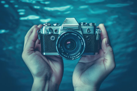 World Photographers Day. Hold the retro camera in your hand on a neutral background. Printing on paper and textiles. Greeting cards for the holiday photos. generative aiの素材