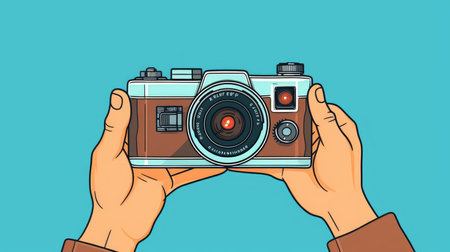 World Photographers Day. Hold the retro camera in your hand on a neutral background. Printing on paper and textiles. Greeting cards for the holiday photos. generative aiの素材