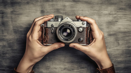 World Photographers Day. Hold the retro camera in your hand on a neutral background. Printing on paper and textiles. Greeting cards for the holiday photos. generative aiの素材