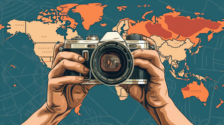 World Photographers Day. Hold the retro camera in your hand on a neutral background. Printing on paper and textiles. Greeting cards for the holiday photos. generative aiの素材