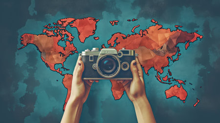 World Photographers Day. Hold the retro camera in your hand on a neutral background. Printing on paper and textiles. Greeting cards for the holiday photos. generative aiの素材