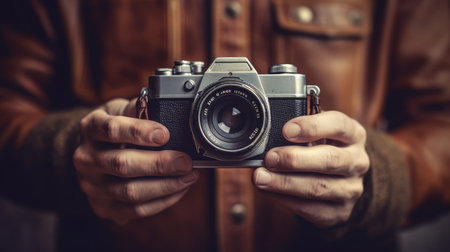 World Photographers Day. the camera is in the hands of a person. Greeting cards for holiday photos. World Camera Day. generative aiの素材