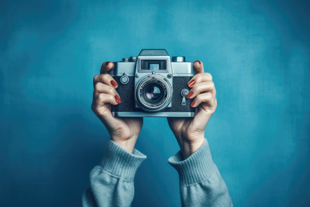 World Photographer's Day. Hold the retro camera in your hand on a neutral background. Printing on paper and textiles. generative aiの素材