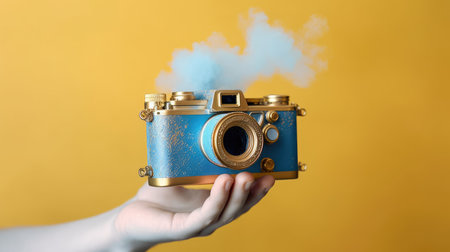 World Photographer's Day. Hold the retro camera in your hand on a neutral background. Printing on paper and textiles. generative aiの素材